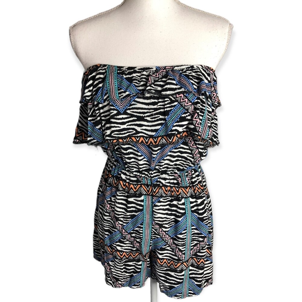 RT Zebra Print Retro Tribal Strapless Layered Frilly Romper